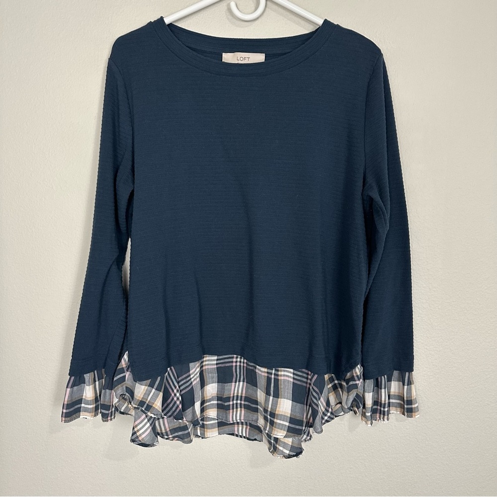 LOFT Navy Blue Crewneck Sweater with Plaid Ruffle Hem